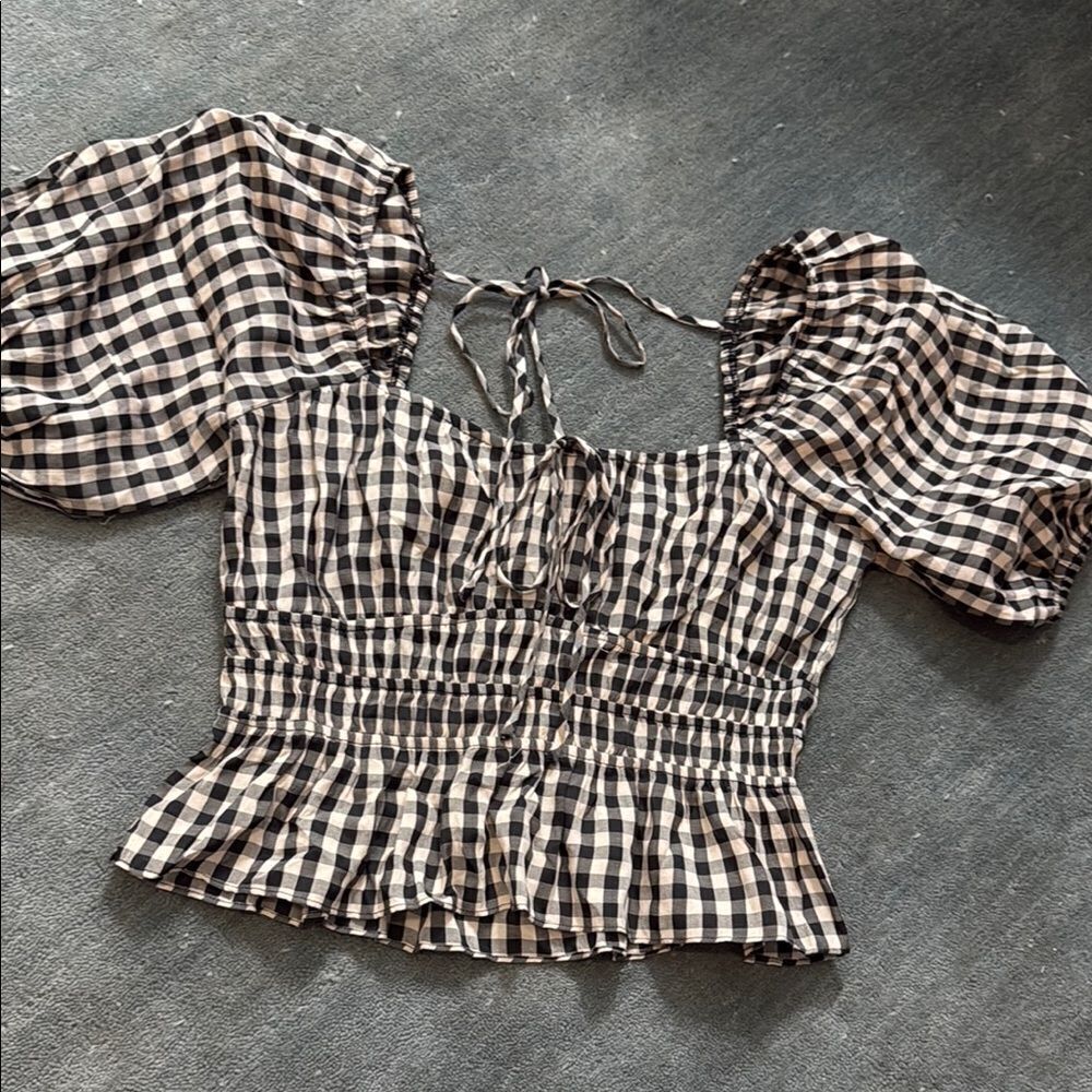 Checkered Puff Sleeve Top - LUCY PARIS - Size Medium - Brand New - Open Back
